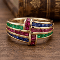 Golden Antique Ruby & Blue & Emerald Sapphire Asscher Cut Engagement Ring