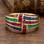 Golden Antique Ruby & Blue & Emerald Sapphire Asscher Cut Engagement Ring