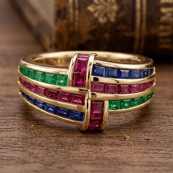 Golden Antique Ruby & Blue & Emerald Sapphire Asscher Cut Engagement Ring