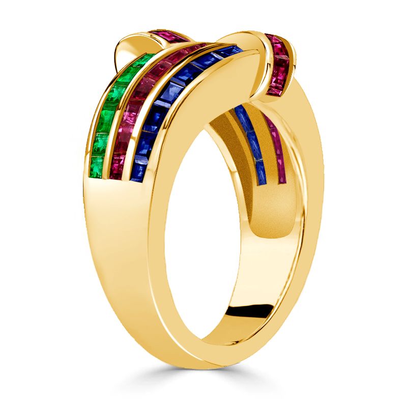 Golden Antique Ruby & Blue & Emerald Sapphire Asscher Cut Wedding Band For Women Belovegrace