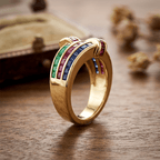 Golden Antique Ruby & Blue & Emerald Sapphire Asscher Cut Engagement Ring
