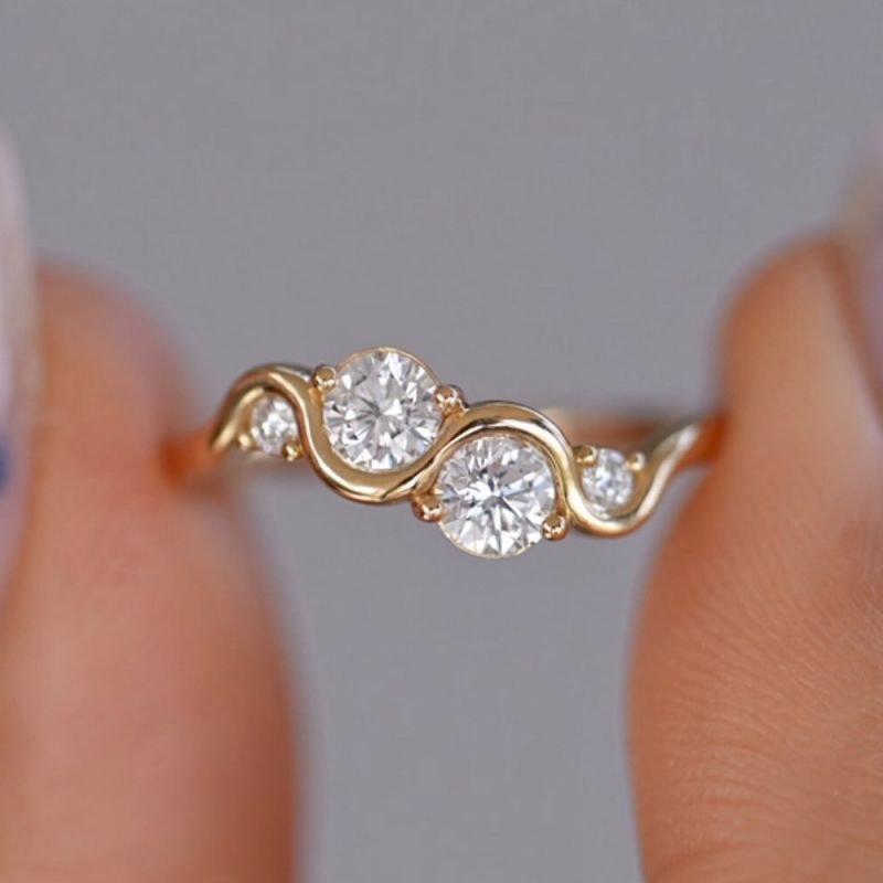 Golden Round Cut White Sapphire Engagement Ring For Women Belovegrace