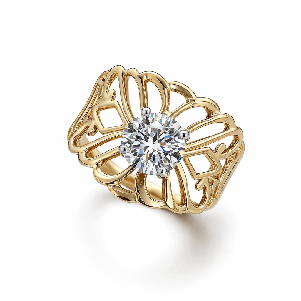 Vintage Filigree Brilliant Cut Yellow Gold Solitaire Band Ring For Women