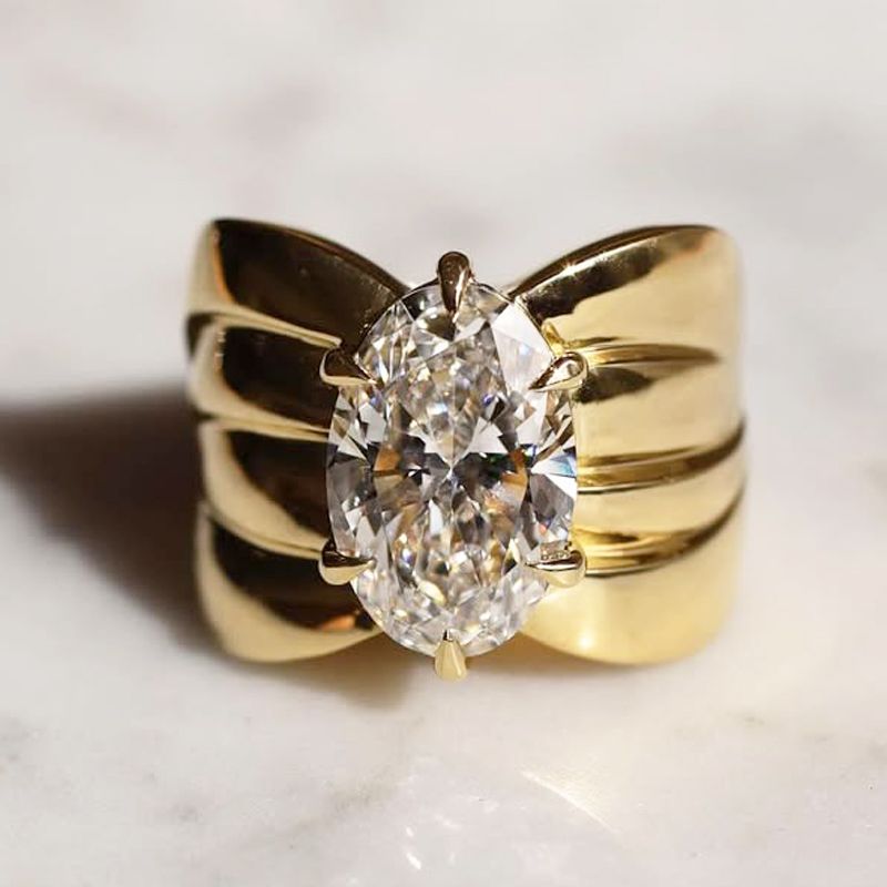 Golden Solitaire Oval Cut White Sapphire Engagement Ring For Women Belovegrace