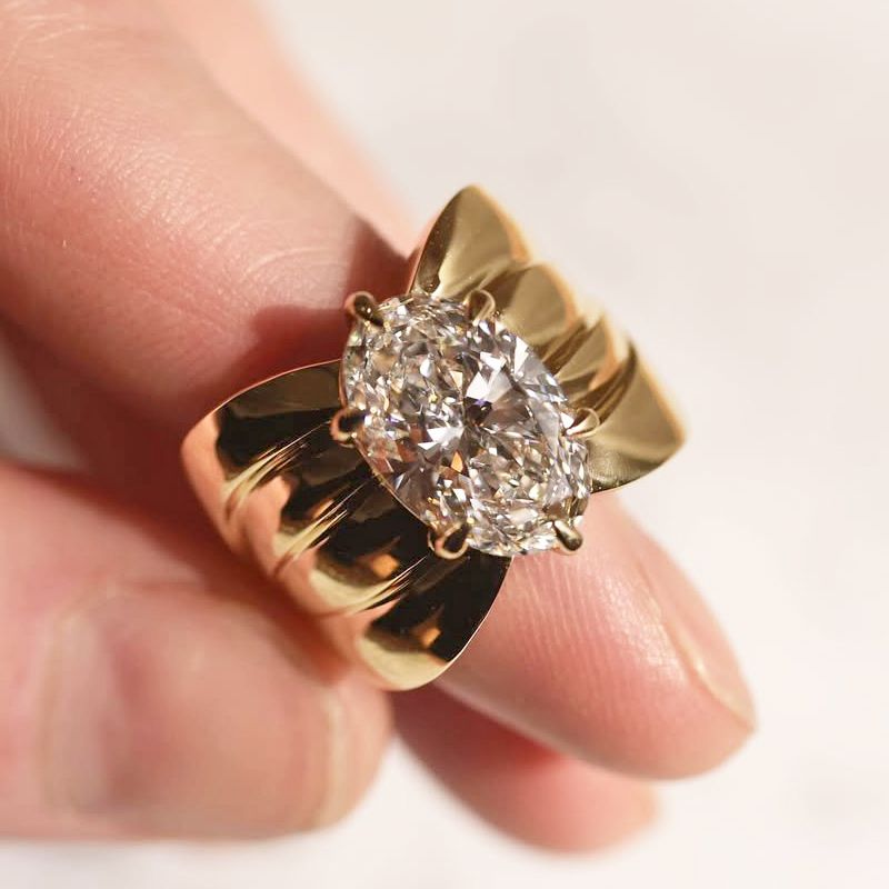 Golden Solitaire Oval Cut White Sapphire Engagement Ring For Women Belovegrace