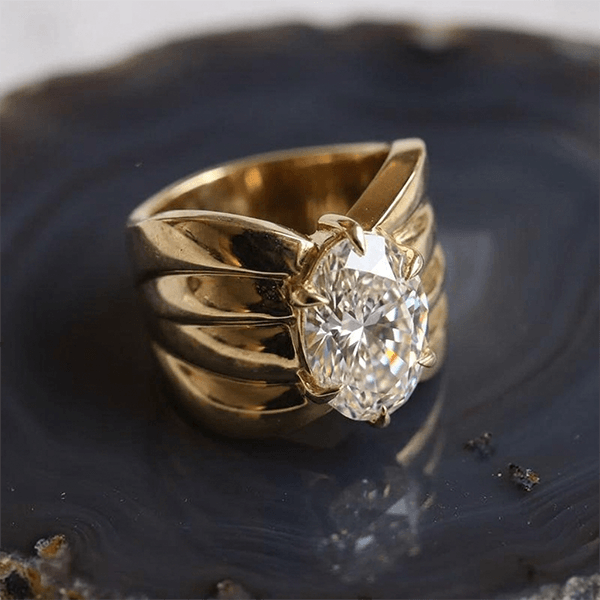 Wide Yellow Gold Oval Cut Solitaire White Sapphire Engagement Ring