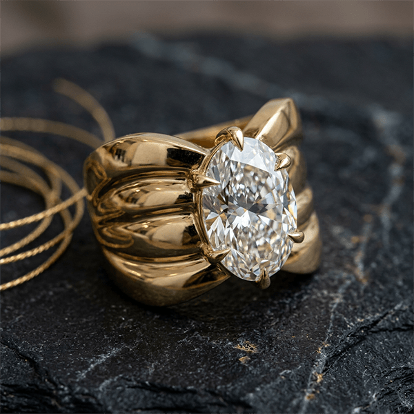 Wide Yellow Gold Oval Cut Solitaire White Sapphire Engagement Ring