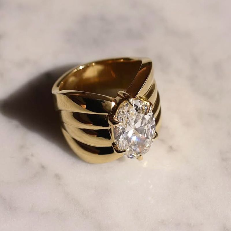Golden Solitaire Oval Cut White Sapphire Engagement Ring For Women Belovegrace