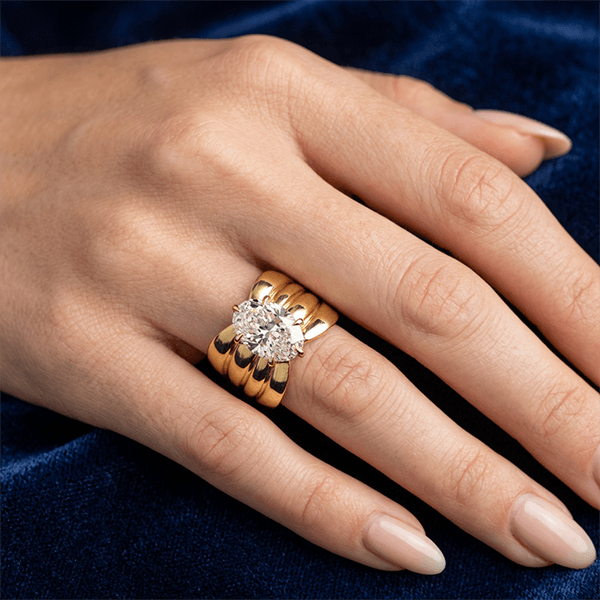 Wide Yellow Gold Oval Cut Solitaire White Sapphire Engagement Ring