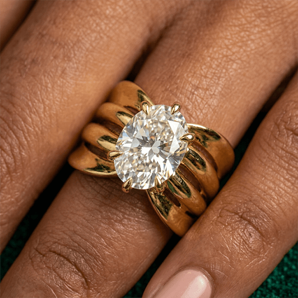 Wide Yellow Gold Oval Cut Solitaire White Sapphire Engagement Ring