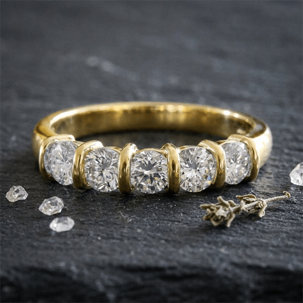 Prong Setting Yellow Gold Round Cut White Sapphire Wedding Band Ring
