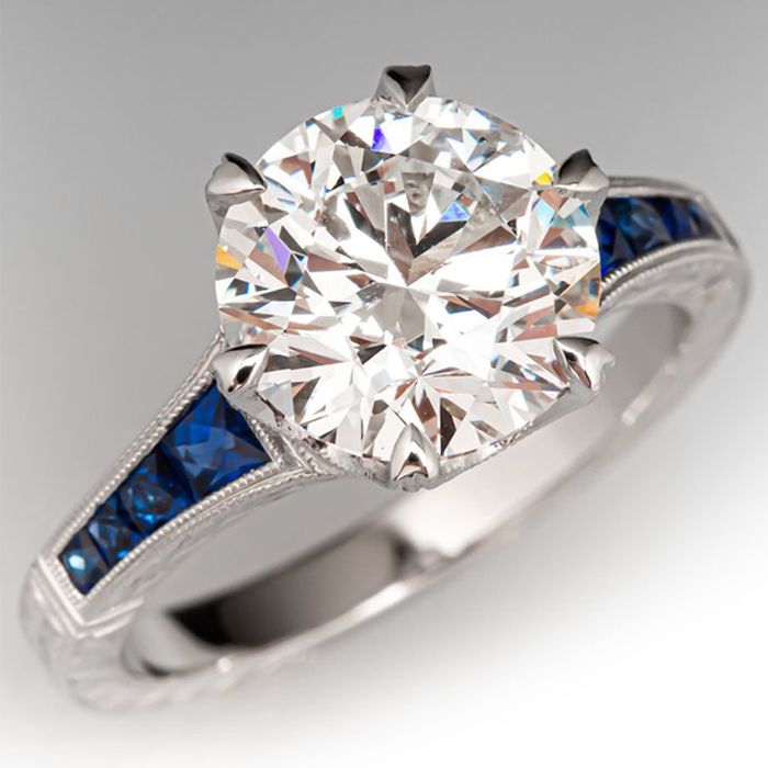 Classic Round Cut White & Blue Sapphire Engagement Ring For Women Belovegrace