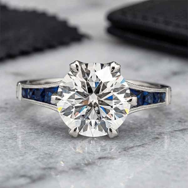 Classic White & Blue Sapphire Round Cut Engagement Ring