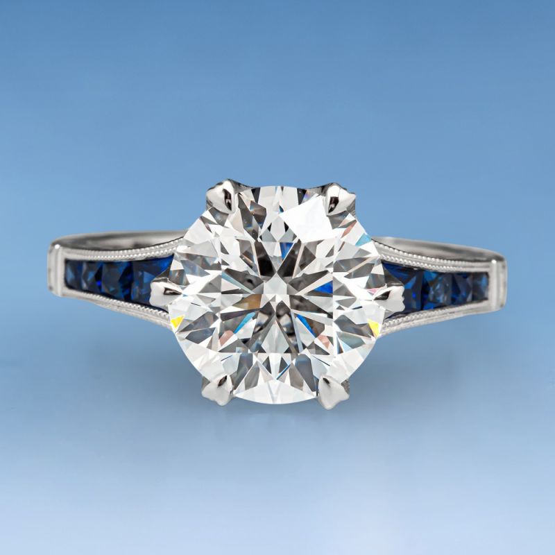 Classic Round Cut White & Blue Sapphire Engagement Ring For Women Belovegrace