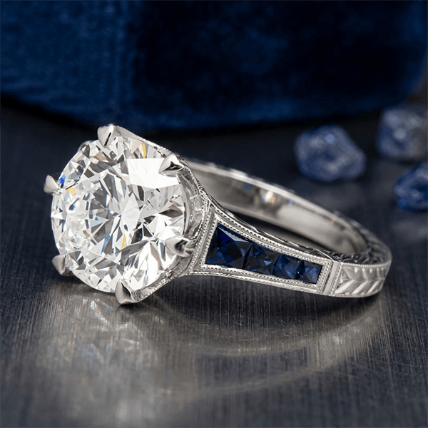 Classic White & Blue Sapphire Round Cut Engagement Ring