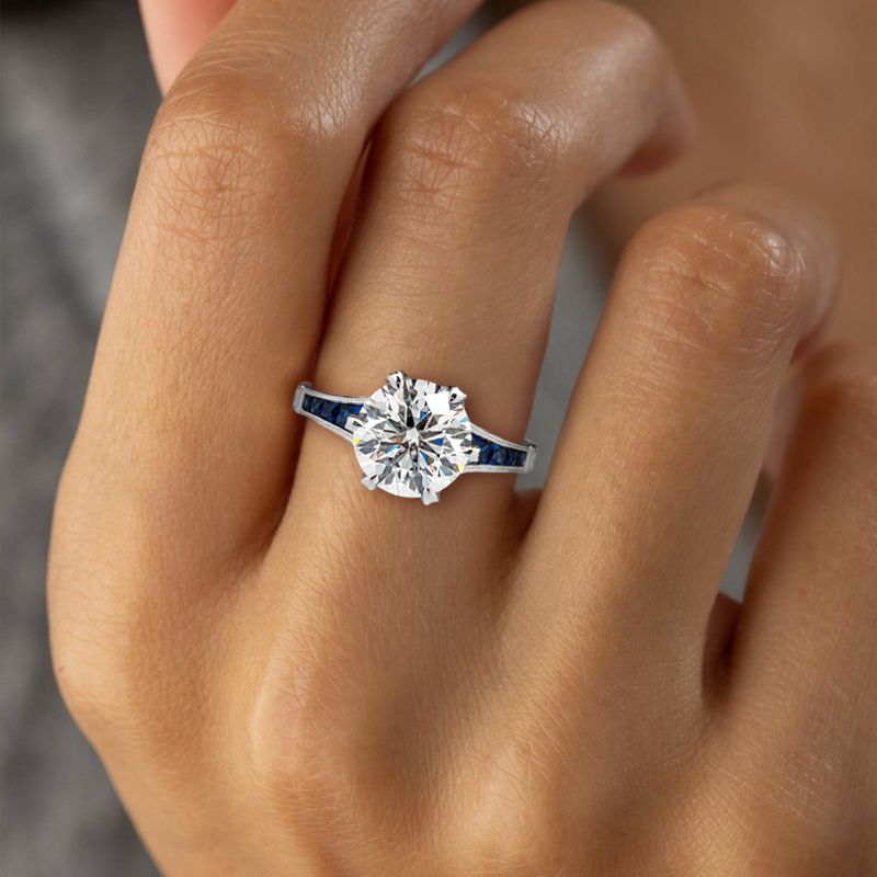 Classic Round Cut White & Blue Sapphire Engagement Ring For Women Belovegrace