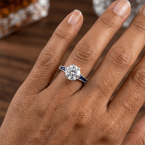 Classic White & Blue Sapphire Round Cut Engagement Ring
