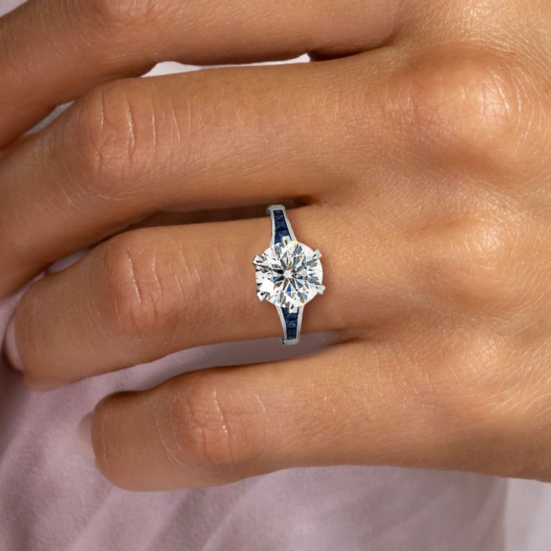 Classic Round Cut White & Blue Sapphire Engagement Ring For Women Belovegrace