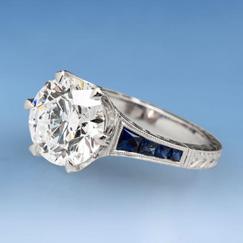 Classic Round Cut White & Blue Sapphire Engagement Ring For Women Belovegrace