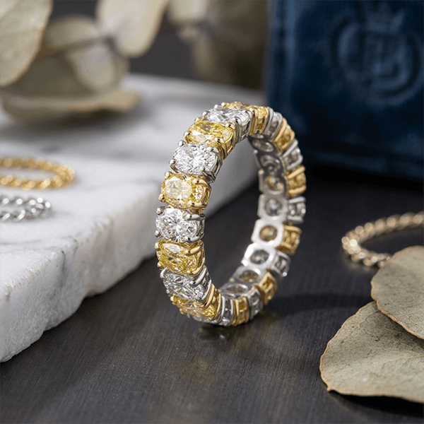 Alternating Canary Oval Cut Yellow & White Sapphire Eternity Wedding Band For Women
