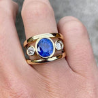 Golden Three Stone Blue Sapphire Oval Cut Engagement Ring For Women Belovegrace