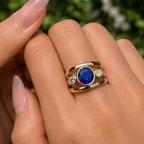 Bezel Set Yellow Gold 3 Stone Blue Sapphire Oval Cut Cocktail Engagement Ring