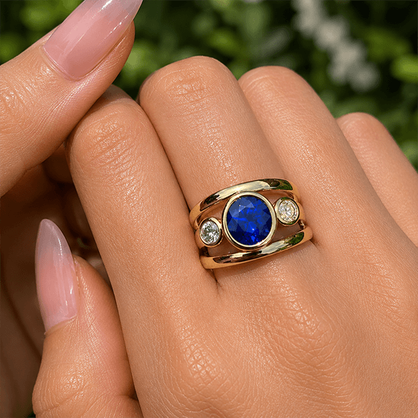 Bezel Set Yellow Gold 3 Stone Blue Sapphire Oval Cut Cocktail Engagement Ring