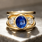 Bezel Set Yellow Gold 3 Stone Blue Sapphire Oval Cut Cocktail Engagement Ring