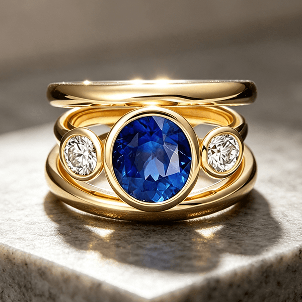 Bezel Set Yellow Gold 3 Stone Blue Sapphire Oval Cut Cocktail Engagement Ring