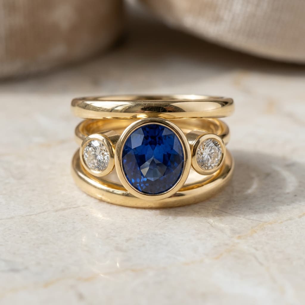 Bezel Set Yellow Gold 3 Stone Blue Sapphire Oval Cut Cocktail Engagement Ring