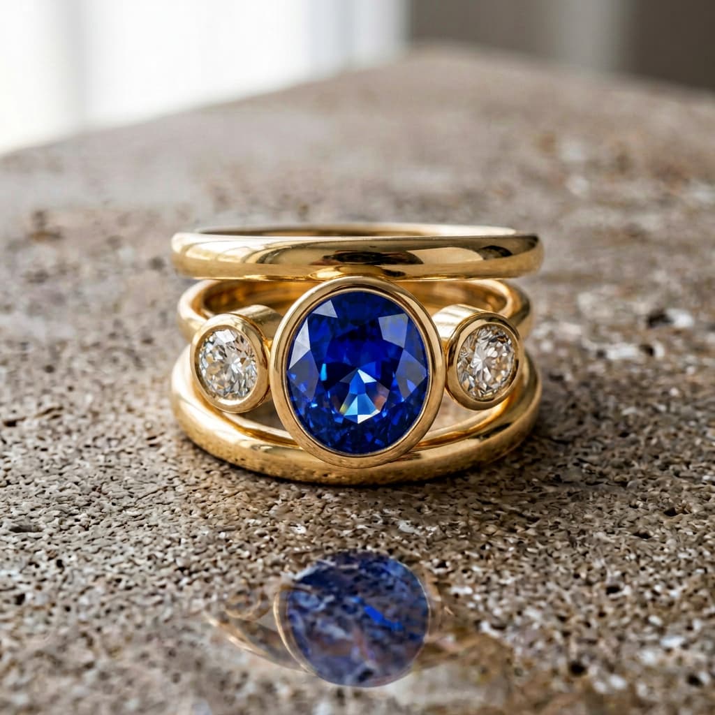 Bezel Set Yellow Gold 3 Stone Blue Sapphire Oval Cut Cocktail Engagement Ring
