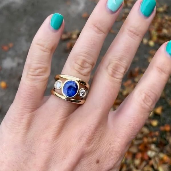 Golden Three Stone Blue Sapphire Oval Cut Engagement Ring For Women Belovegrace