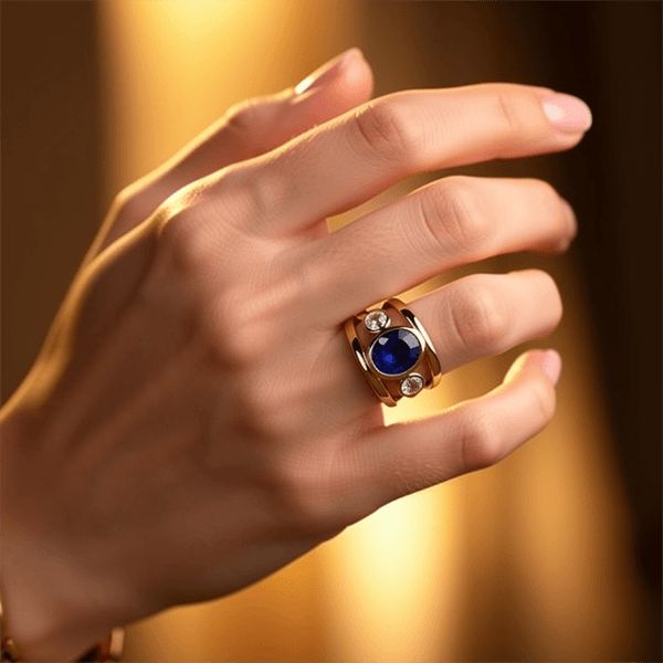 Bezel Set Yellow Gold 3 Stone Blue Sapphire Oval Cut Cocktail Engagement Ring