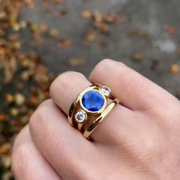 Golden Three Stone Blue Sapphire Oval Cut Engagement Ring For Women Belovegrace