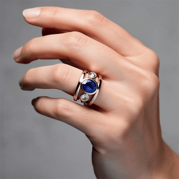Bezel Set Yellow Gold 3 Stone Blue Sapphire Oval Cut Cocktail Engagement Ring