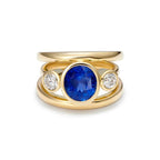 Golden Three Stone Blue Sapphire Oval Cut Engagement Ring For Women Belovegrace