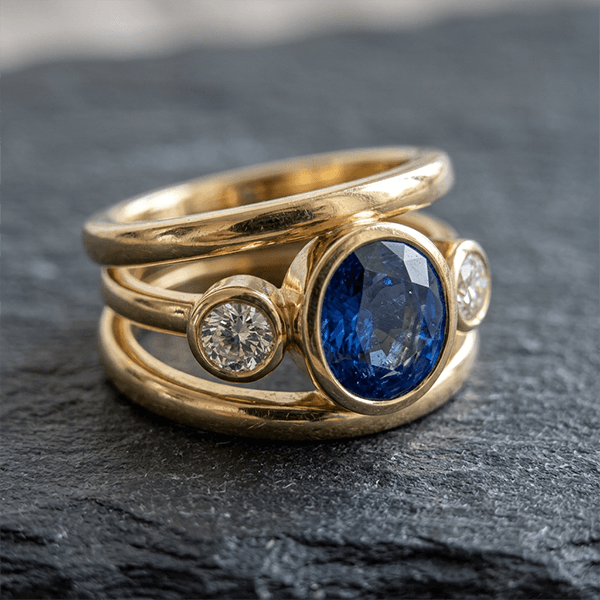 Bezel Set Yellow Gold 3 Stone Blue Sapphire Oval Cut Cocktail Engagement Ring