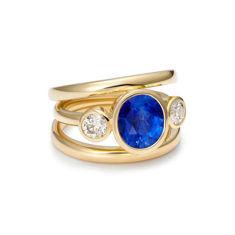 Golden Three Stone Blue Sapphire Oval Cut Engagement Ring For Women Belovegrace