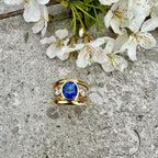 Golden Three Stone Blue Sapphire Oval Cut Engagement Ring For Women Belovegrace