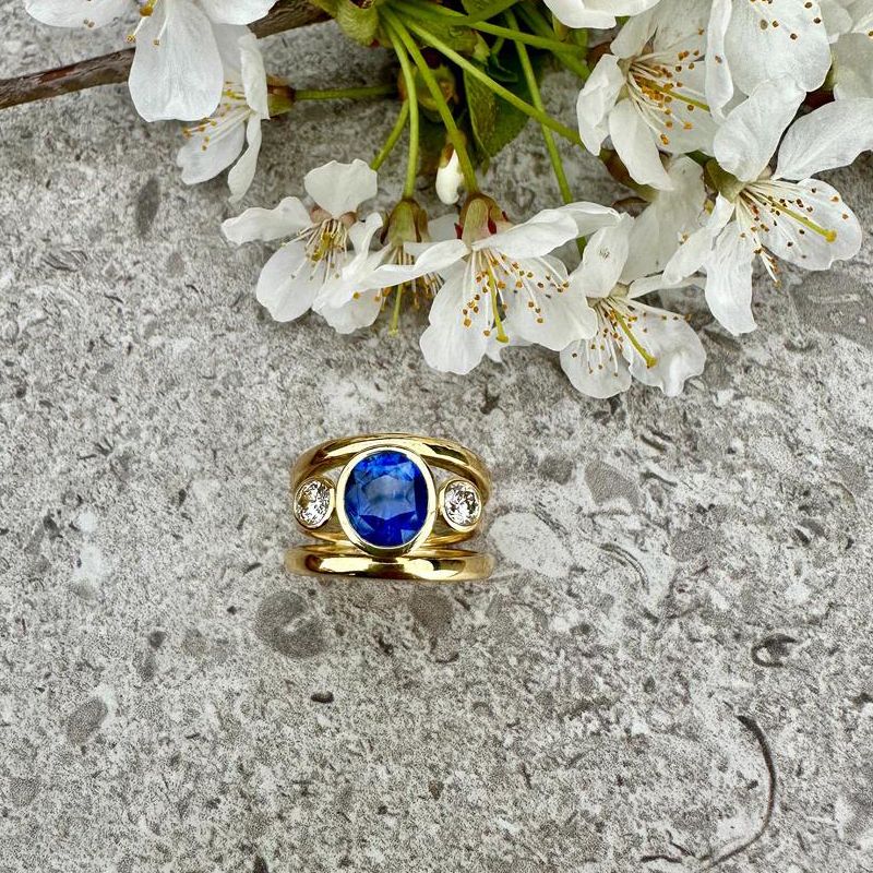 Golden Three Stone Blue Sapphire Oval Cut Engagement Ring For Women Belovegrace