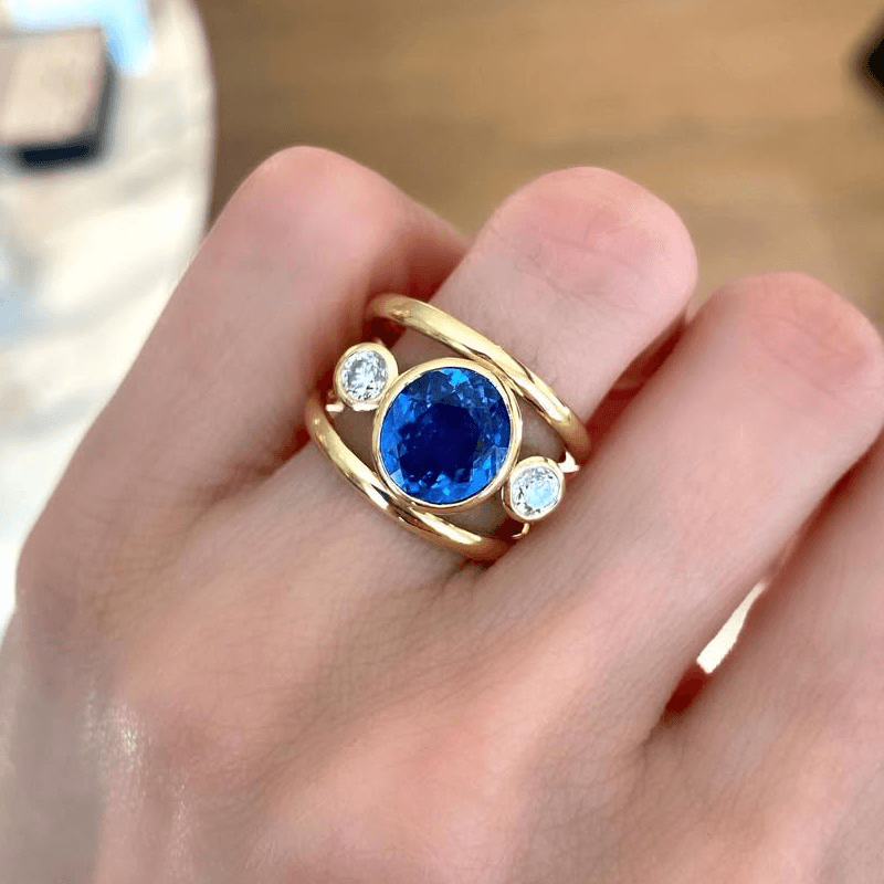 Bezel Set Yellow Gold 3 Stone Blue Sapphire Oval Cut Cocktail Engagement Ring