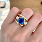 Bezel Set Yellow Gold 3 Stone Blue Sapphire Oval Cut Cocktail Engagement Ring