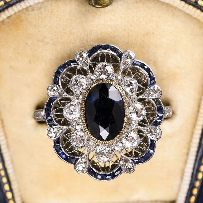 Art Deco Two Tone Halo Oval Cut Blue Sapphire Engagement Ring For Women Belovegrace