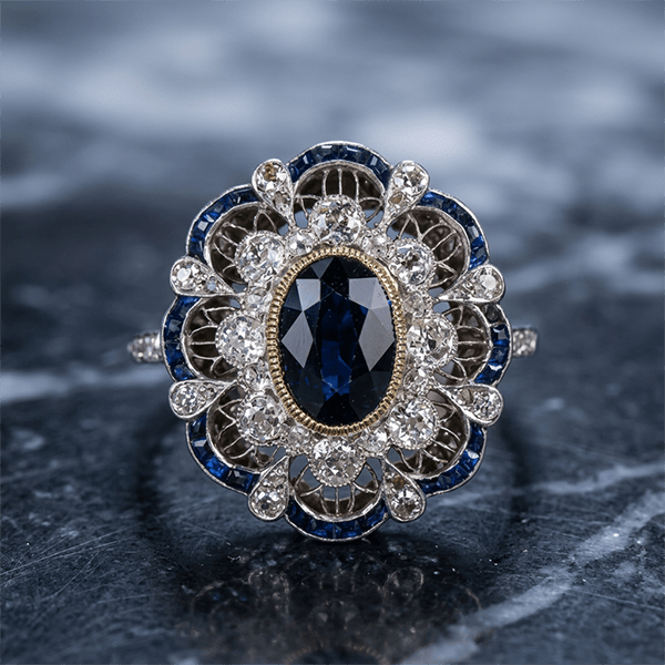 Art Deco Two Tone Halo Oval Cut Blue Sapphire Engagement Ring