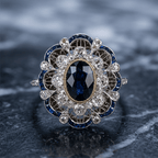 Art Deco Two Tone Halo Oval Cut Blue Sapphire Engagement Ring