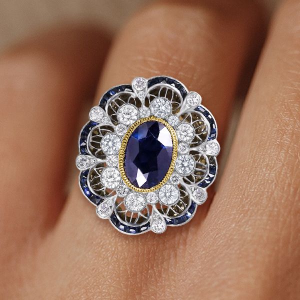 Art Deco Two Tone Halo Oval Cut Blue Sapphire Engagement Ring For Women Belovegrace