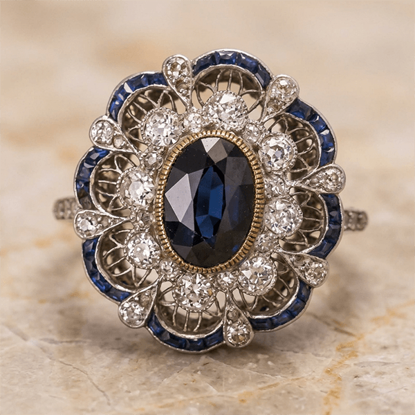 Art Deco Two Tone Halo Oval Cut Blue Sapphire Engagement Ring