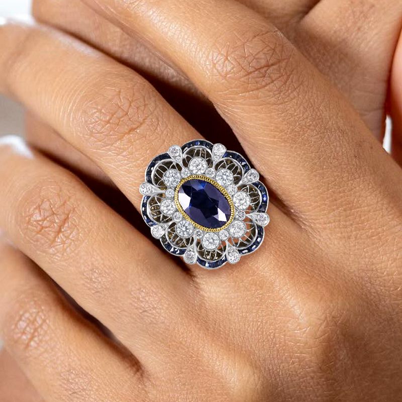 Art Deco Two Tone Halo Oval Cut Blue Sapphire Engagement Ring For Women Belovegrace