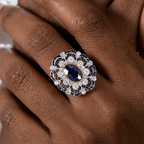 Art Deco Two Tone Halo Oval Cut Blue Sapphire Engagement Ring