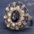 Art Deco Two Tone Halo Oval Cut Blue Sapphire Engagement Ring For Women Belovegrace